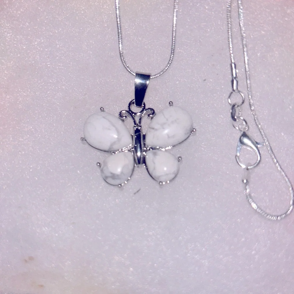 Boho hippie Howlite Crystal Butterfly Sterling Silver 18” Necklace
